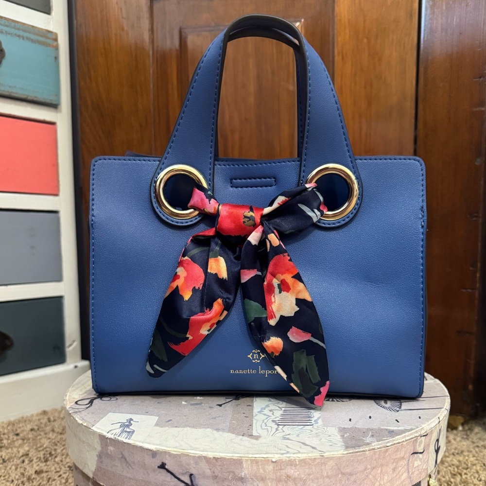 Nanette Lepore Regina Shrunken Satchel Blue Floral Accent Scarf Crossbody NWOT